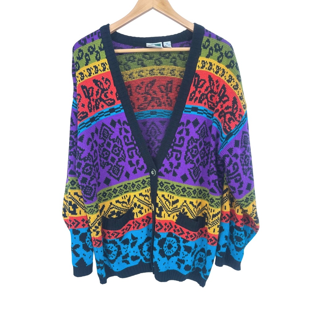 Vtg In The Park Cardigan M Rainbow Geometric Knit Grandmacore Maximalist Retro